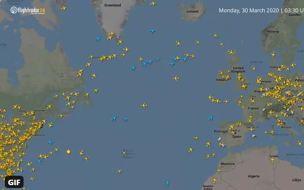 Amazing pictures from Flightradar24 highlight the slump in air traffic